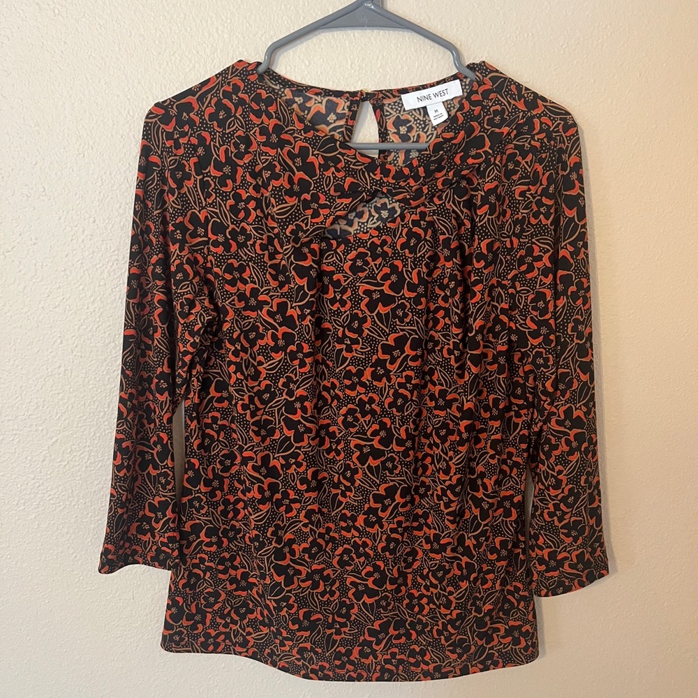 Nine West Black and Orange Floral Patterned Women's Blouse NWOT